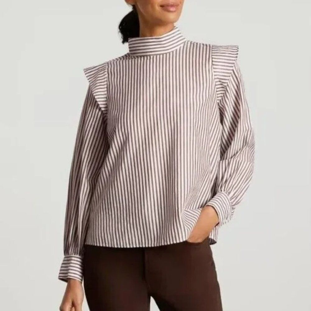 Everlane The Wing Shoulder Mockneck Top Pecan White Stripe Blouse Sz 6